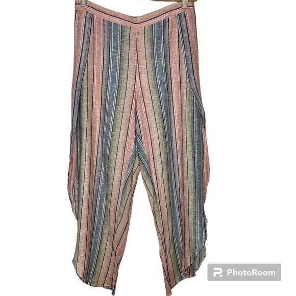 Drew Anthropologie Pants Striped Linen Tulip Wide Leg New Pastel Rainbow Large - Picture 1 of 9